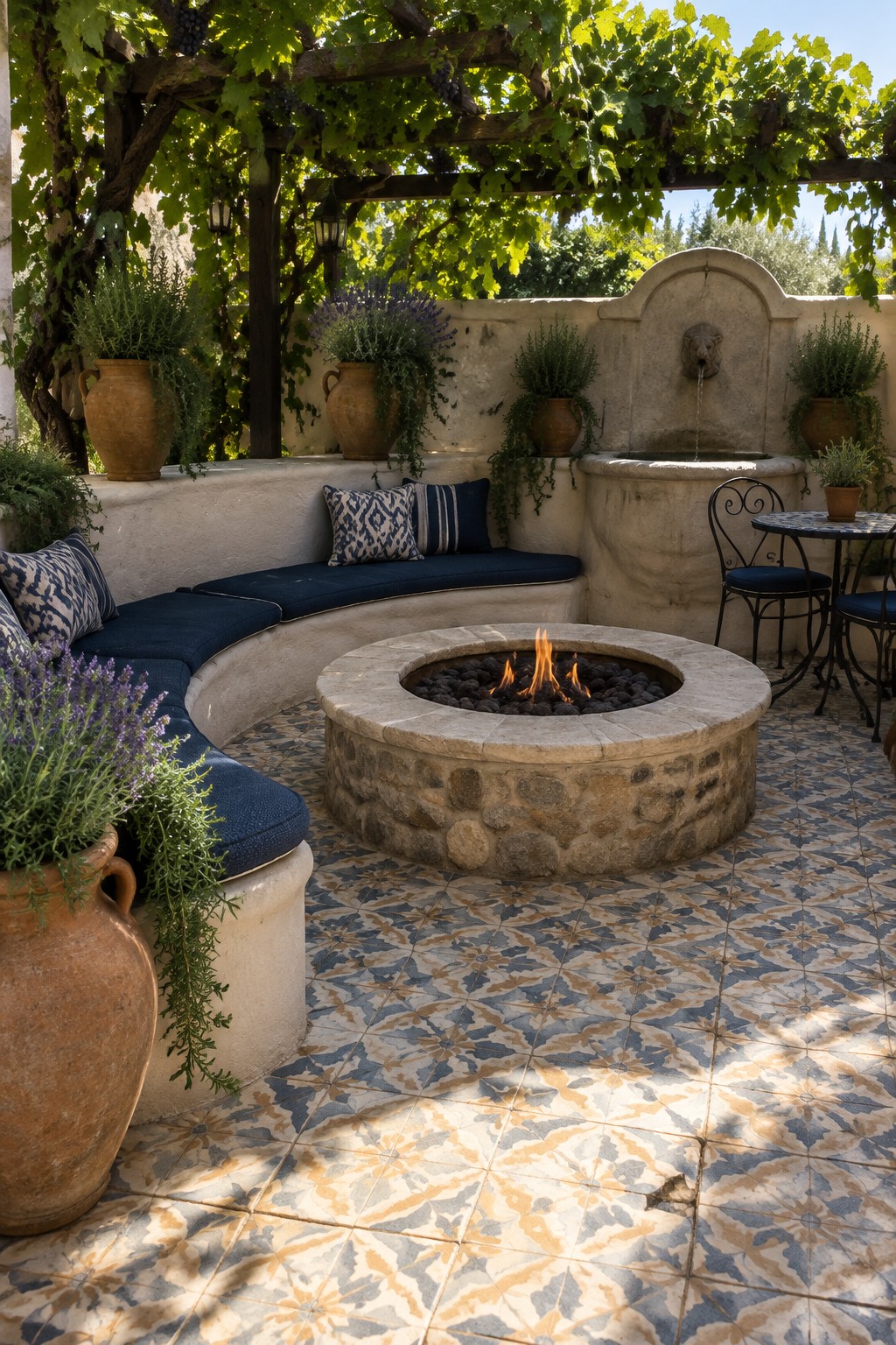 A circular stone fire pit with active flames sits on a patterned tile patio, surrounded by a curved built-in bench with blue cushions, potted lavender plants, and a stone wall fountain in the background.