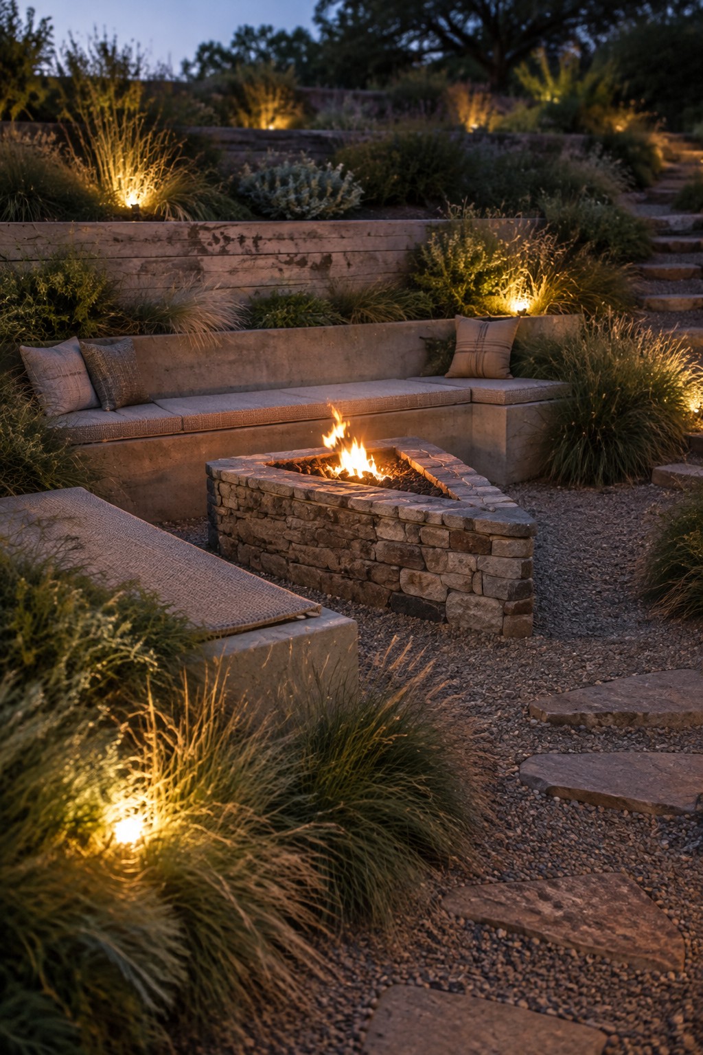 A triangular stone fire pit with a burning fire sits in front of an L-shaped concrete bench with cushions on a gravel patio at dusk.