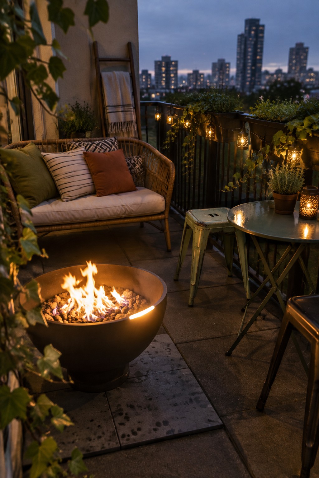 A balcony patio at dusk shows a round fire pit with flames on stone tiles, a wicker sofa with cushions, a round metal table, two stools, string lights along the railing, and potted plants with a city skyline in the background.