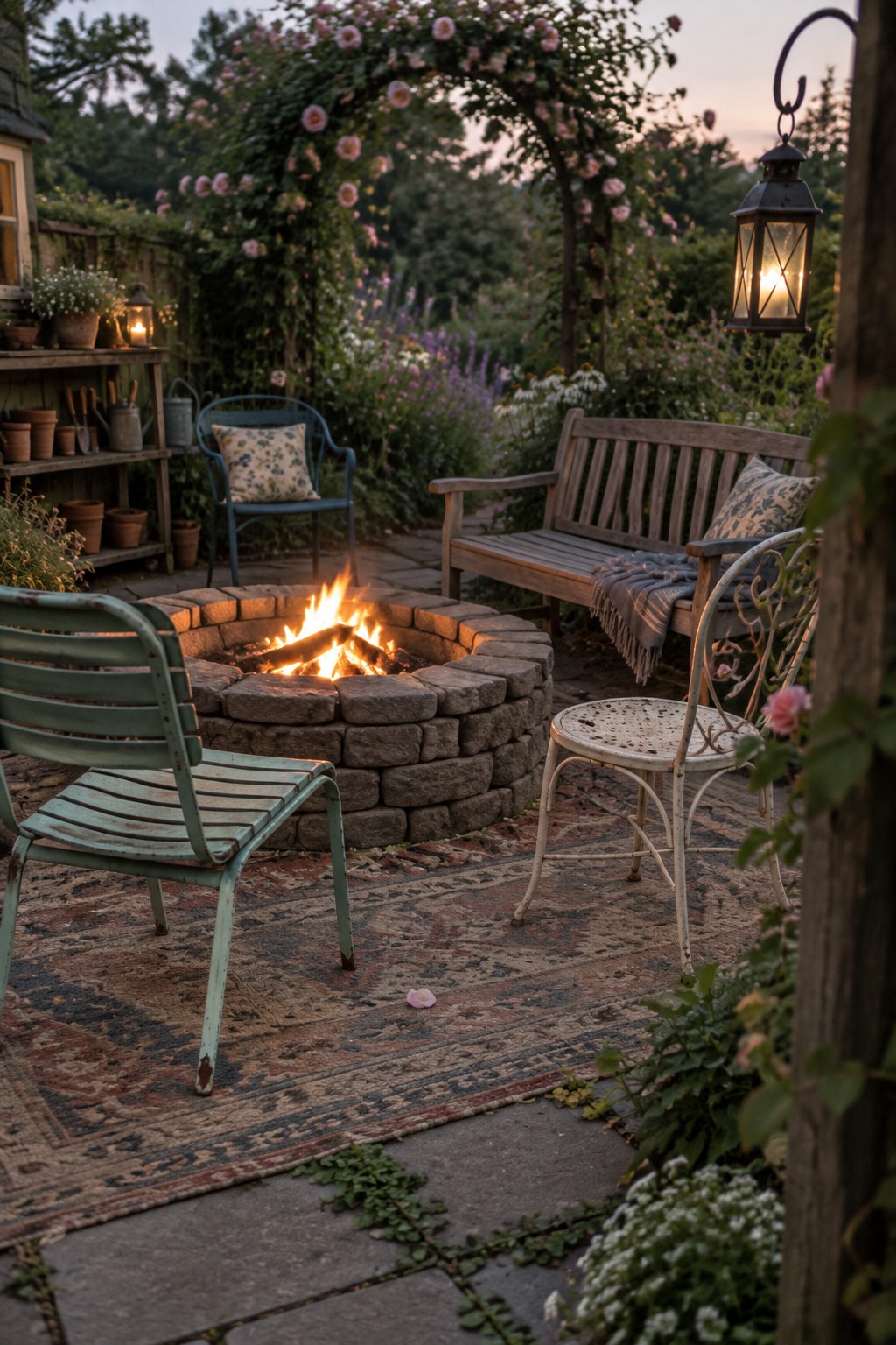 Garden fire pit ablaze, vintage chairs on rug under rose arch at dusk