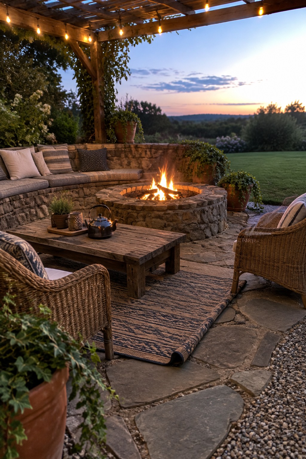 A circular stone fire pit anchors a patio seating area with a built-in bench, wicker chairs, a wooden coffee table, and string lights overhead at dusk.