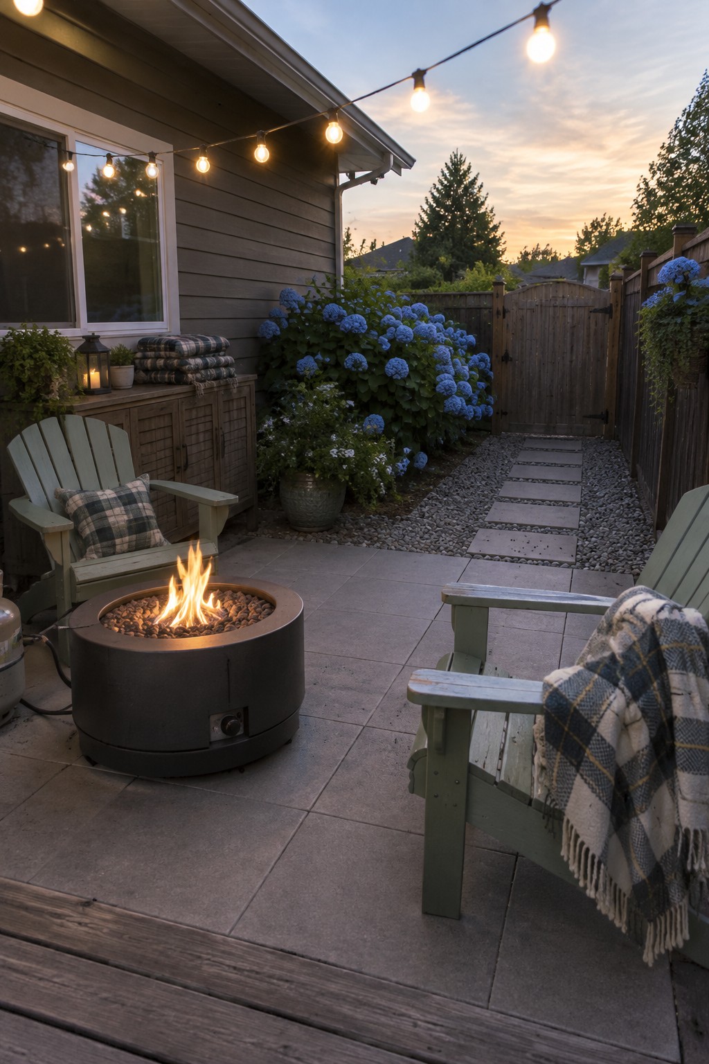 A backyard patio with a round fire pit, two green Adirondack chairs, string lights, and a stone path leading to a wooden gate.