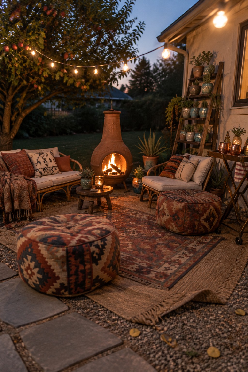 Cozy twilight patio with terracotta chiminea, patterned rugs, wicker seating and string lights