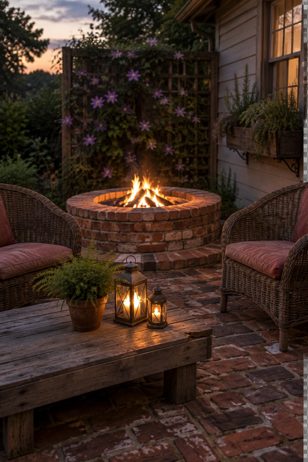 Brick fire pit with flames, wicker chairs, lanterns, and purple flowers at dusk