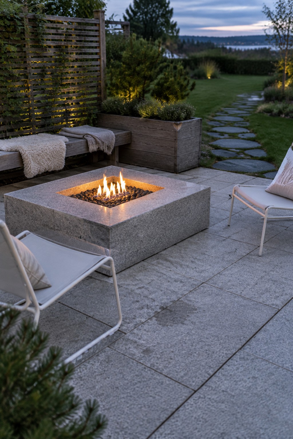 Square stone fire pit with active flames on a paved patio, flanked by two white lounge chairs and a wooden planter box.
