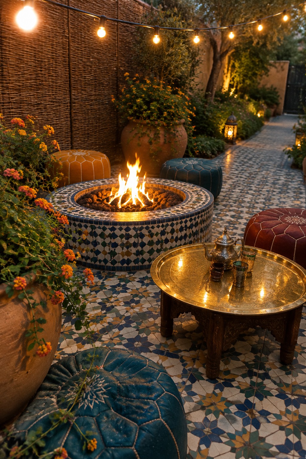 Moroccan patio with mosaic fire pit, colorful poufs, brass tea tray, and string lights.