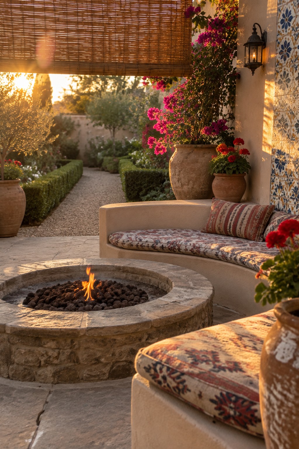 Stone fire pit with flames beside cushioned curved bench and potted flowers at sunset