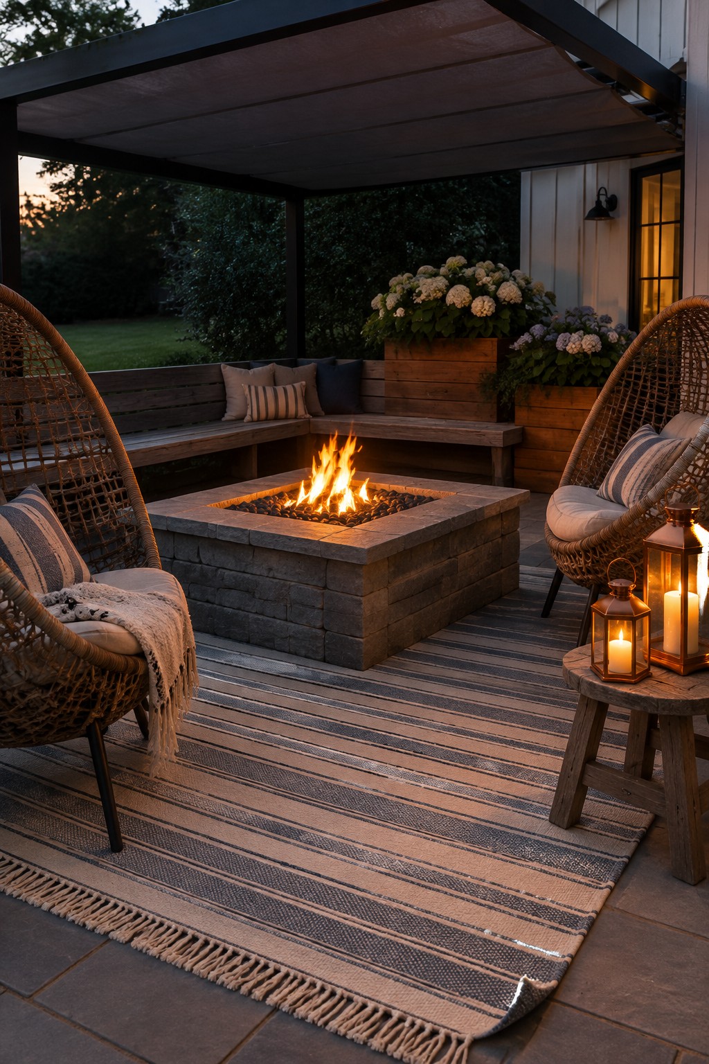 Cozy patio with fire pit, wicker chairs, striped rug, and lanterns at dusk