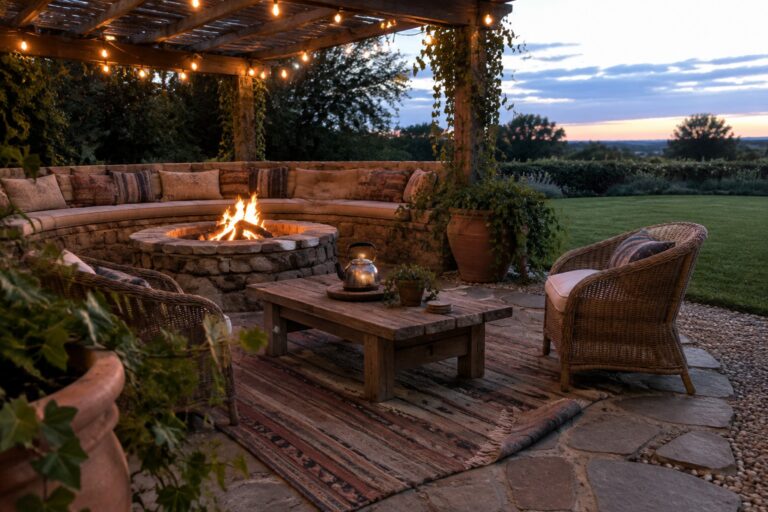 A circular stone fire pit anchors a patio seating area with a built-in bench, wicker chairs, a wooden coffee table, and string lights overhead at dusk.