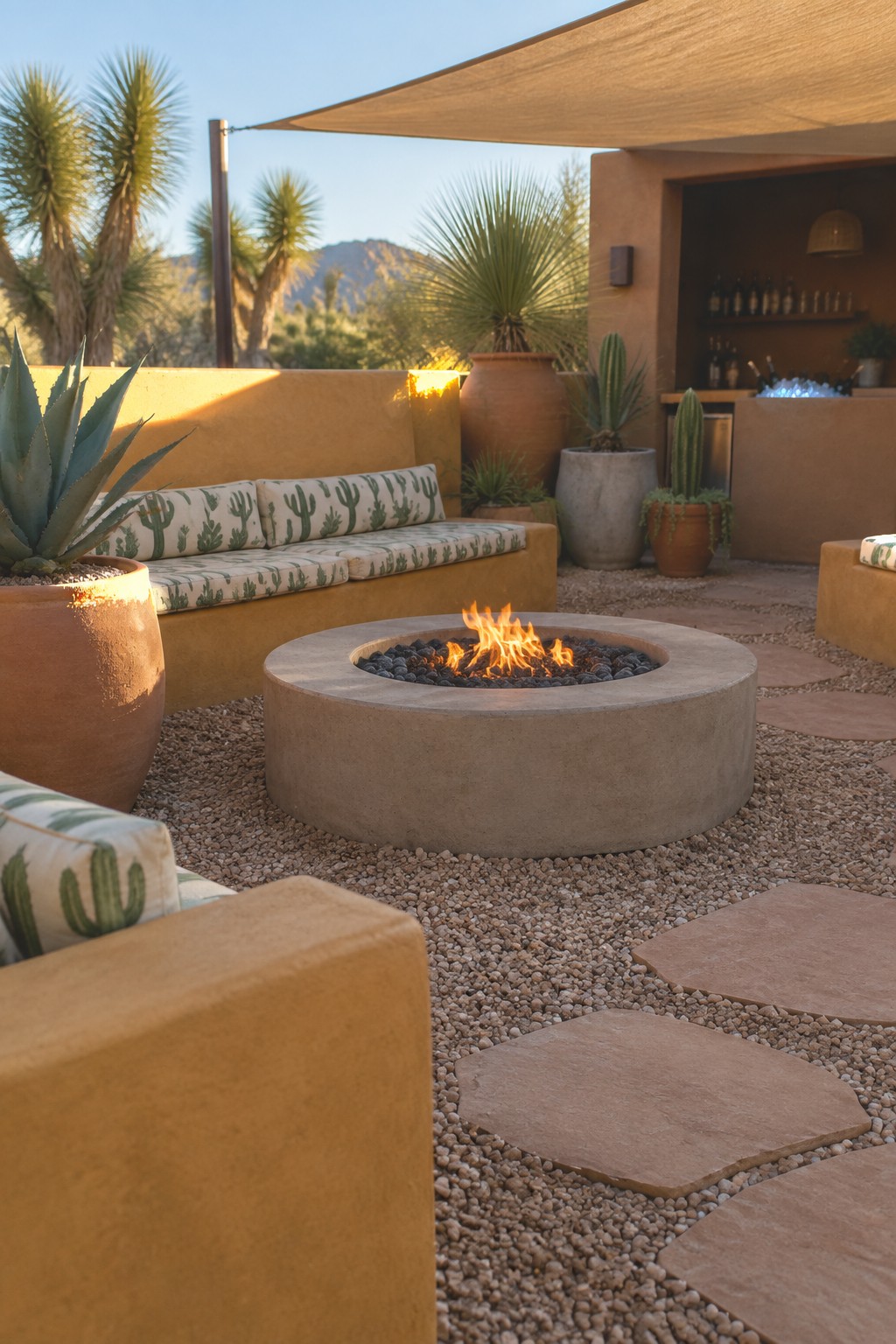 Round concrete fire pit ablaze amid gravel, stone pavers, potted succulents and desert seating