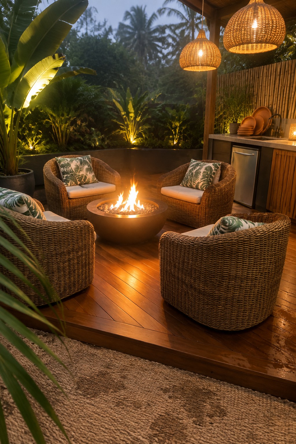 Four woven lounge chairs with leaf-pattern cushions sit in a circle around a round fire pit on a wooden deck at dusk, with hanging woven lights overhead and tropical plants nearby.