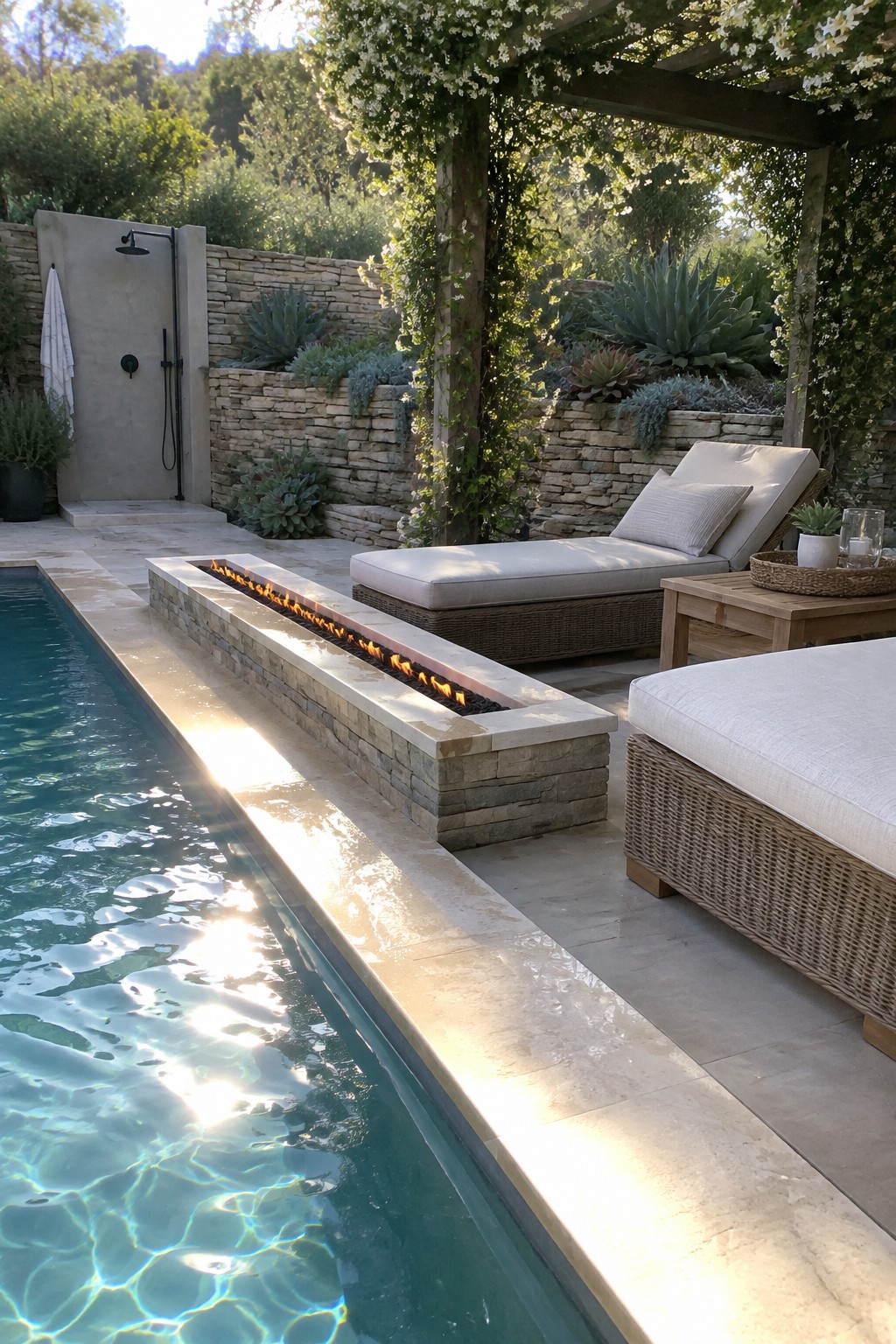 A backyard pool with a long linear fire pit running parallel to the water, two lounge chairs on the stone patio, and an outdoor shower against a stone wall.