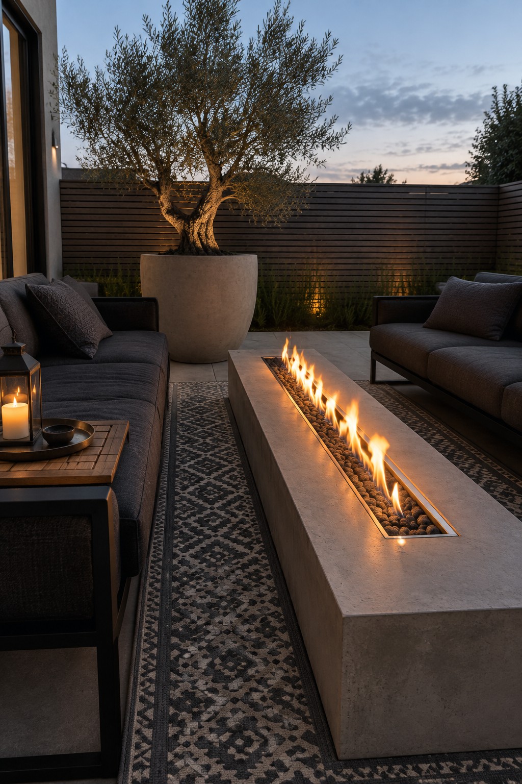 A modern patio shows a long rectangular concrete fire pit with active flames running between two dark gray sofas on a patterned outdoor rug, with a large potted tree behind the seating.
