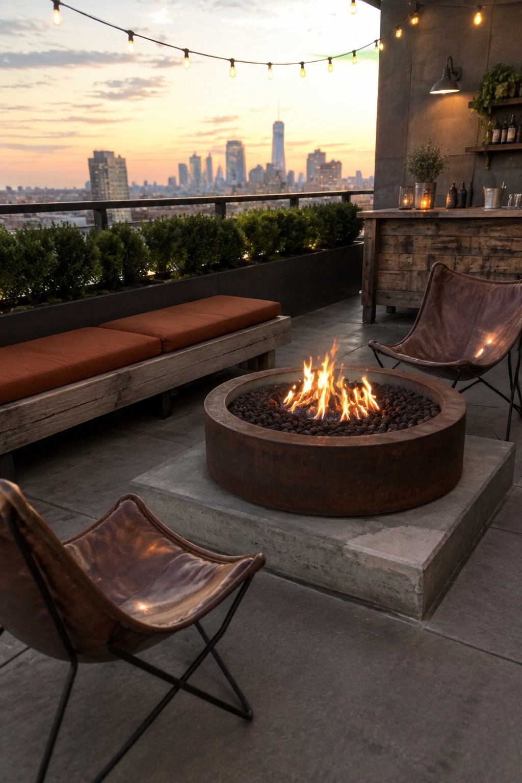 A rooftop patio at dusk shows a round rusted metal fire pit centered on a raised concrete platform, with two brown leather sling chairs nearby, a wooden bench with orange cushions, string lights above, and a city skyline in the background.