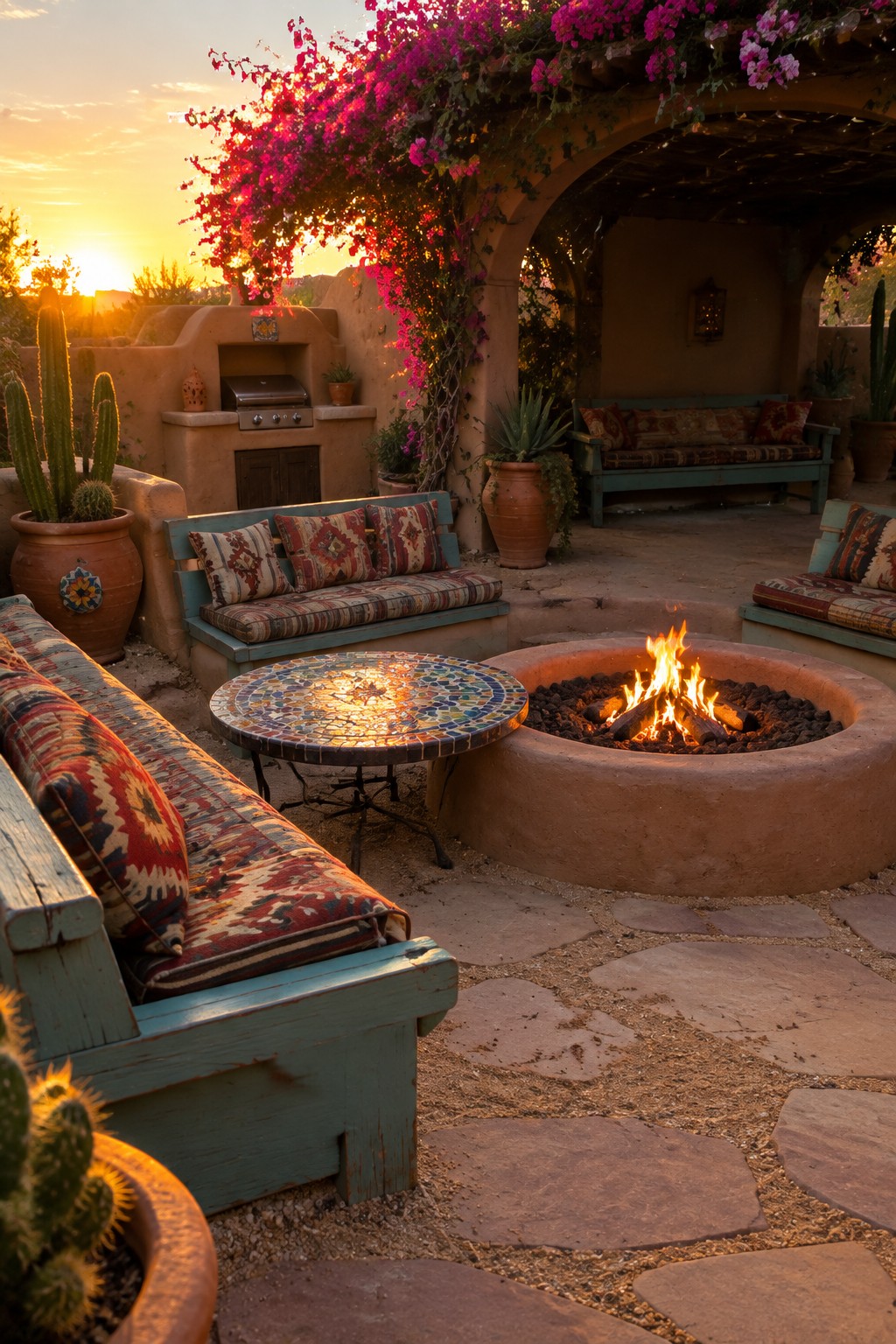 A round fire pit on a stone patio surrounded by several turquoise benches with patterned cushions, with a covered seating area and bougainvillea overhead at sunset.