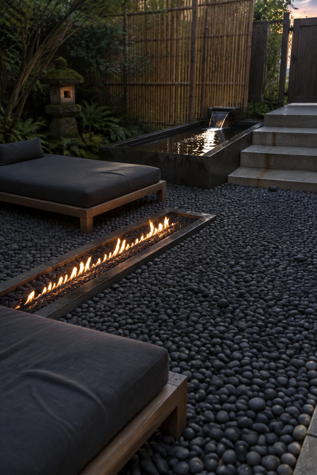 A long rectangular fire pit with active flames is set into dark pebbles on an outdoor patio, with wooden lounge chairs in the foreground and a stone water basin visible behind it.
