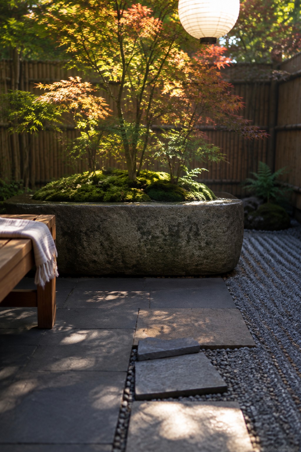 A large stone container planted with moss and small trees sits on a patio with stone pavers, gravel, stepping stones, and a wooden bench.
