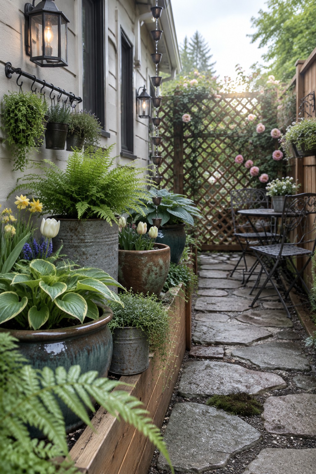 Stone path lined with potted ferns, flowers, and lanterns beside house wall
