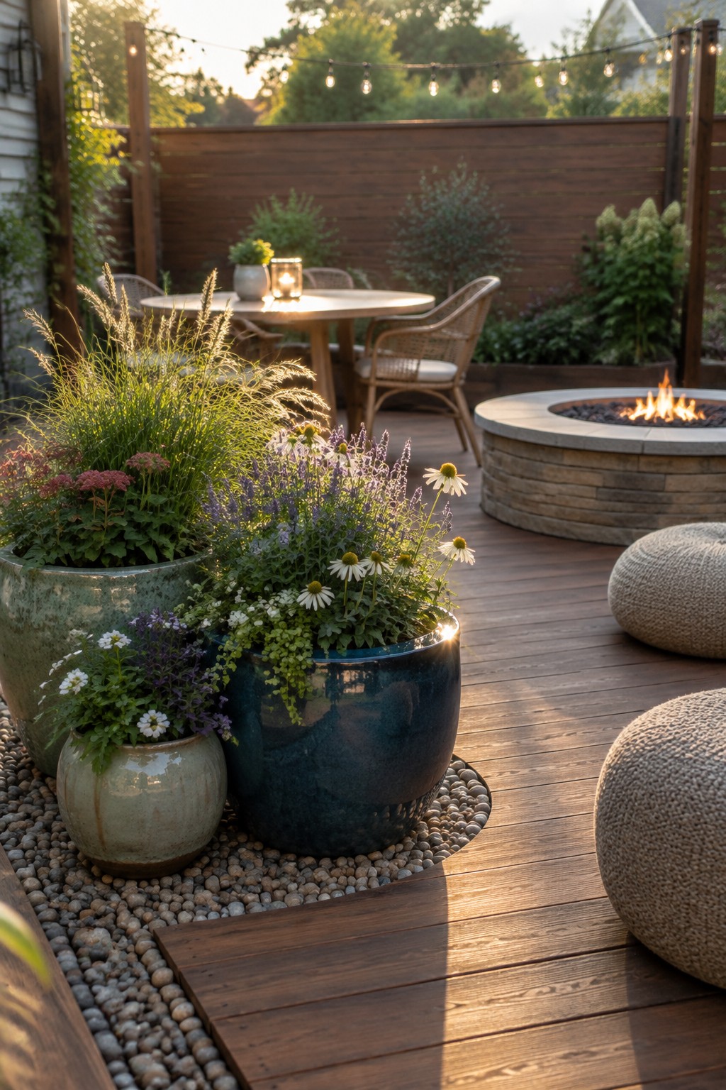 A wooden deck patio features a stone fire pit, round dining table with chairs, woven poufs, and multiple ceramic pots of varying sizes filled with flowers and ornamental grasses clustered on a pebble bed.