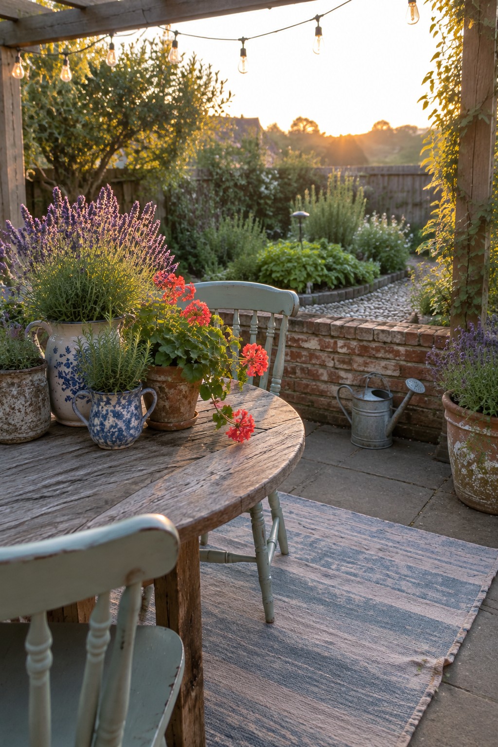 A round wooden patio table holding several potted plants in blue patterned and terracotta containers, with light blue wooden chairs and a striped rug on a stone patio.