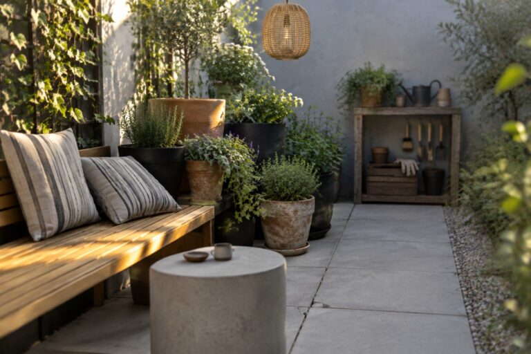 23 Cozy Patio Decorating Ideas Centered on Container Gardens A wooden bench with striped pillows sits on a concrete patio beside a round stone table, surrounded by many potted plants in terracotta and black containers of varying sizes, with a woven lantern hanging nearby and a wooden shelf holding gardening tools.