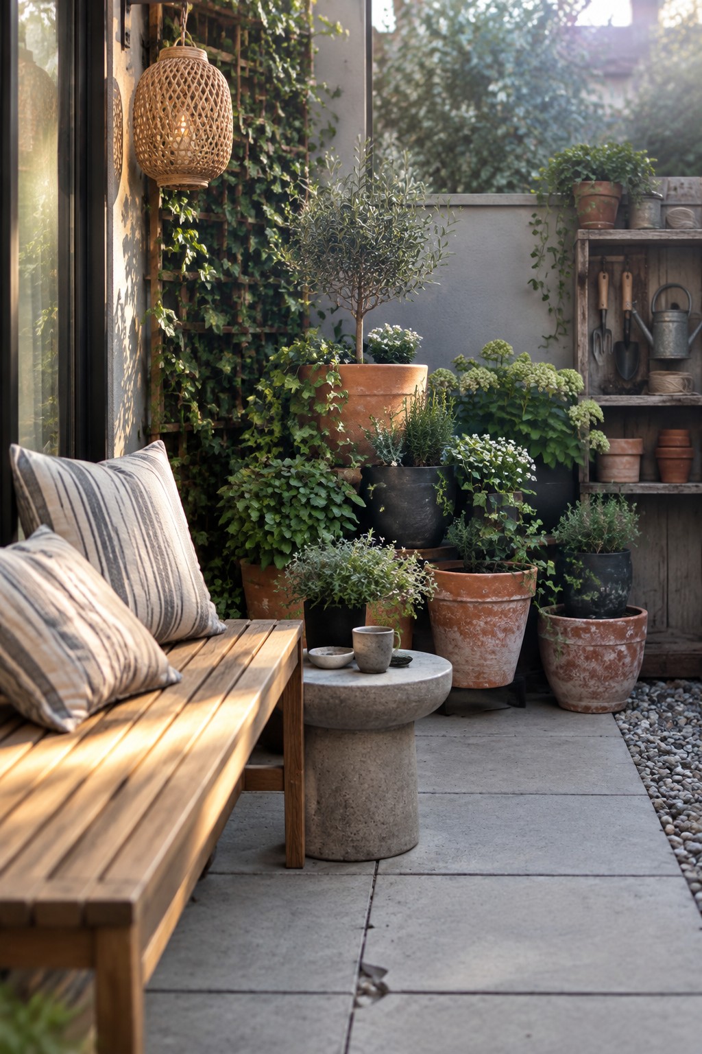 A wooden bench with striped pillows sits on a concrete patio beside a round stone table, surrounded by many potted plants in terracotta and black containers of varying sizes, with a woven lantern hanging nearby and a wooden shelf holding gardening tools.