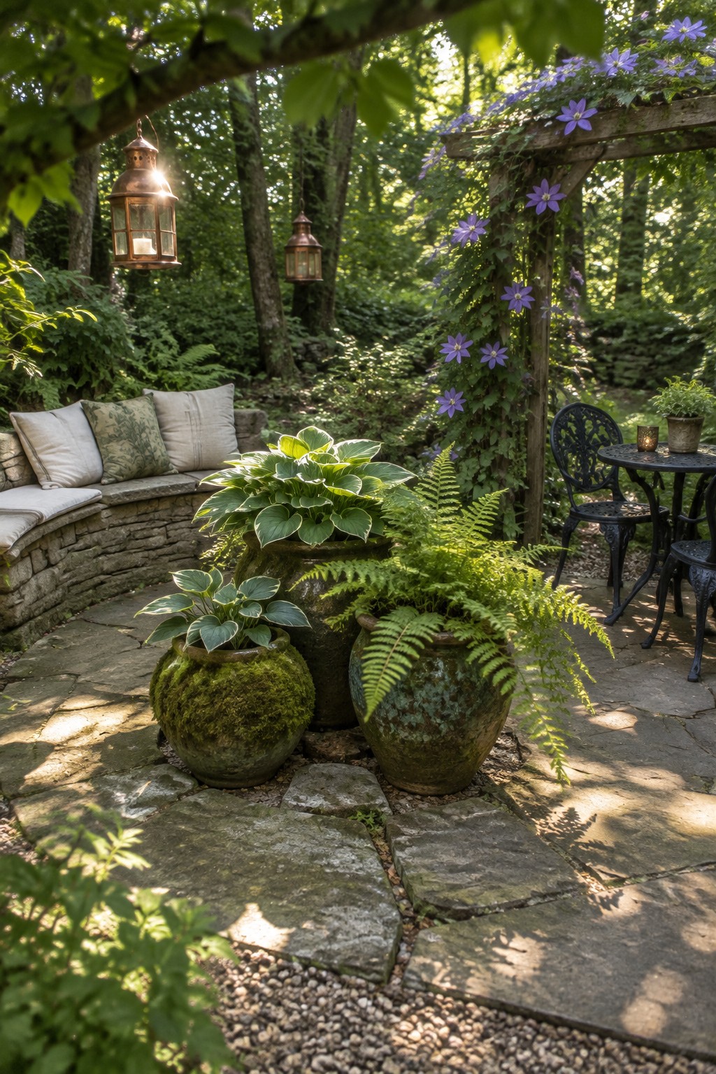 A stone patio with several large moss-covered pots holding hostas and ferns, positioned near a curved bench and under a wooden pergola with purple flowering vines.