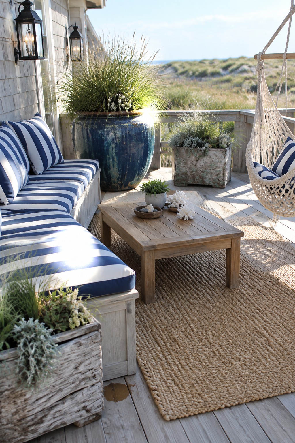 Coastal wooden deck with blue striped sofa, jute rug, hanging chair, and ocean view.