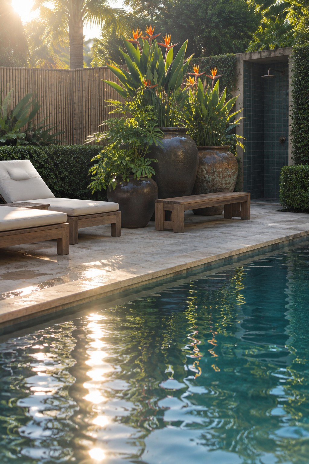 Sunlit pool with lounge chair, wooden bench, and large potted tropical plants