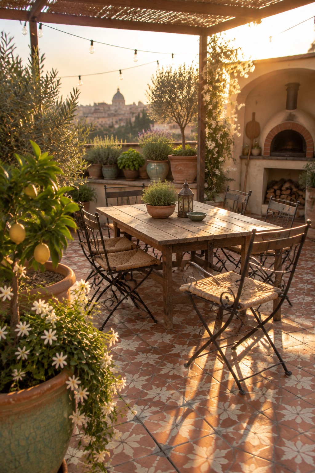 Rustic wooden table and chairs on tiled terrace with potted plants and sunset city view