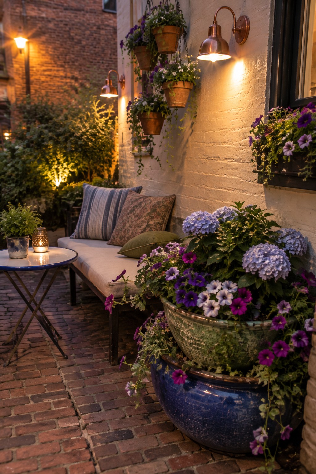 An outdoor patio corner with a cushioned bench against a white brick wall, surrounded by stacked ceramic pots in blue and green holding blue, purple, and white flowers, plus hanging pots and wall sconces.