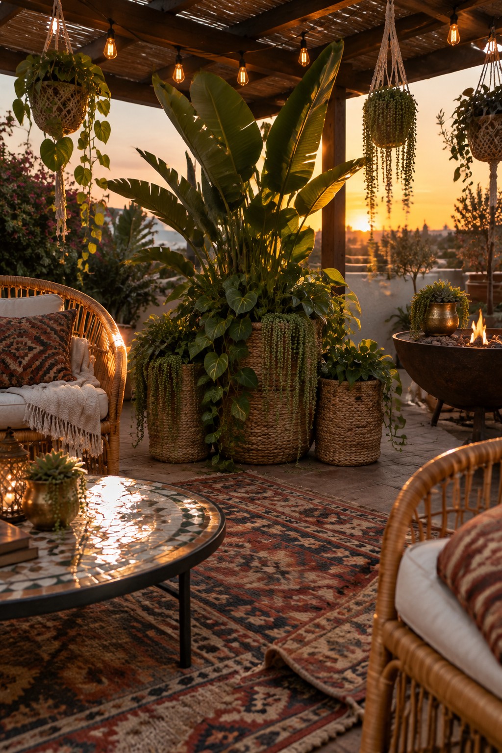 An outdoor patio at sunset with wicker seating, a patterned rug, a fire pit, and numerous plants arranged in woven baskets of varying sizes, some hanging and some on the floor.