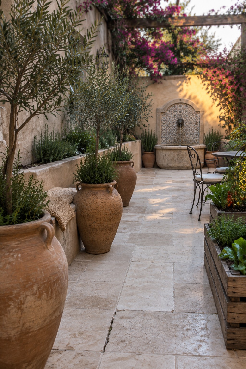Mediterranean courtyard with terracotta pots, olive trees, mosaic fountain, and bougainvillea.