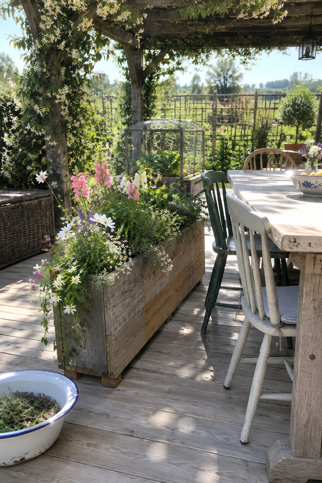 A rustic wooden planter box overflowing with pink, white, and purple flowers sits on a wooden deck beside a weathered dining table and chairs under a vine-covered pergola.