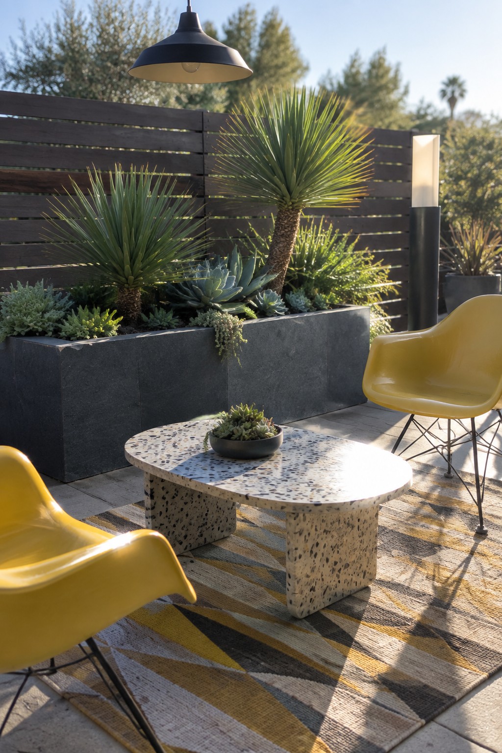 An outdoor patio with two yellow chairs, a terrazzo coffee table on a patterned rug, and a long concrete planter filled with succulents and tall yucca plants set against a dark wood fence.