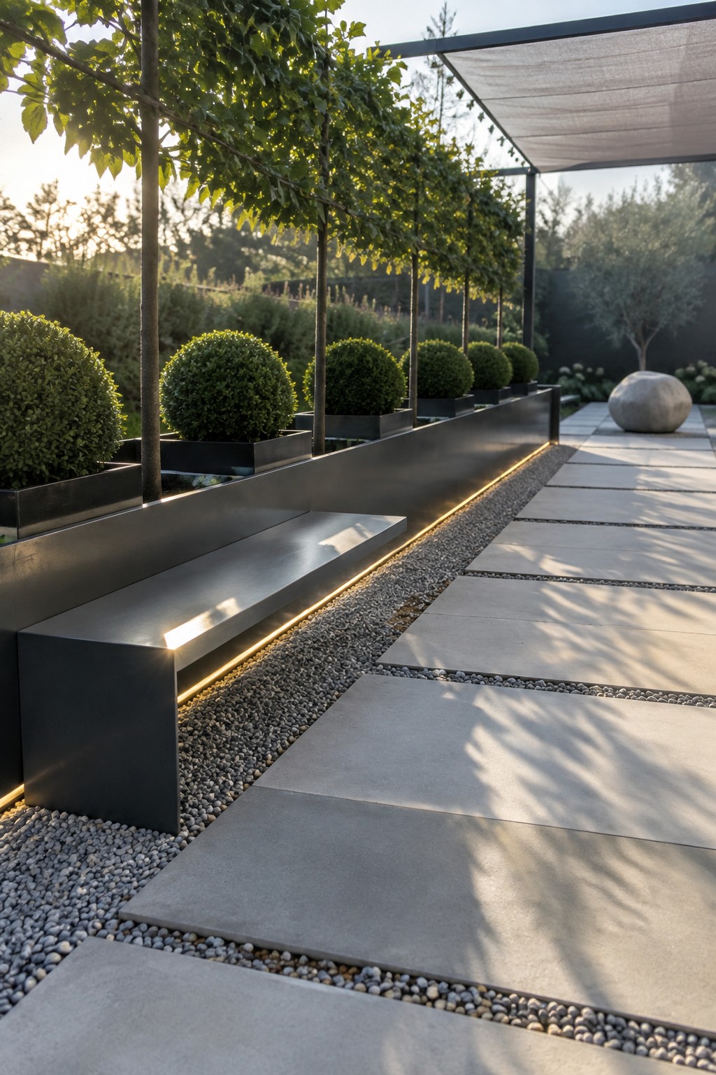 Modern garden with black planters, spherical shrubs, lit bench, gravel and stone pavers