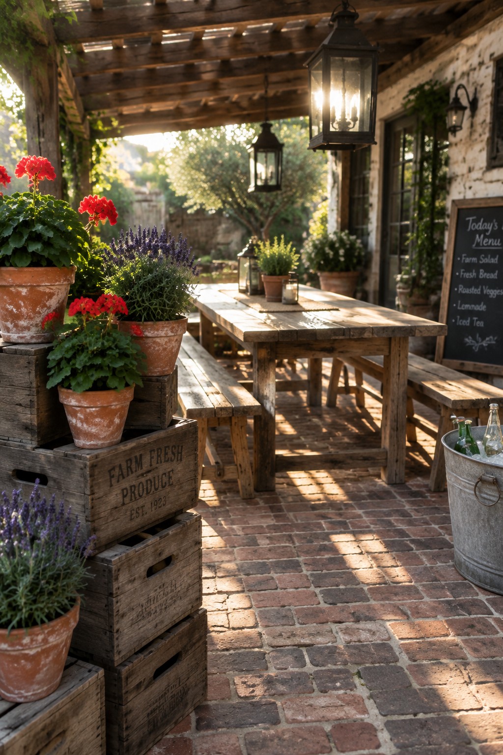 A rustic outdoor patio with a long wooden table and benches, surrounded by terracotta pots of red geraniums and lavender placed on stacked wooden crates labeled