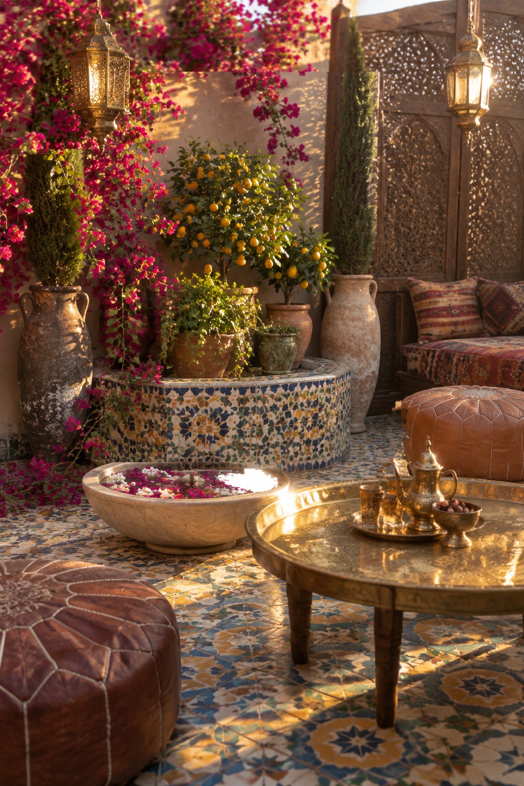 A tiled patio with leather seating, a brass tray table, hanging lanterns, and many potted plants of varying sizes including citrus trees arranged around a central mosaic planter.