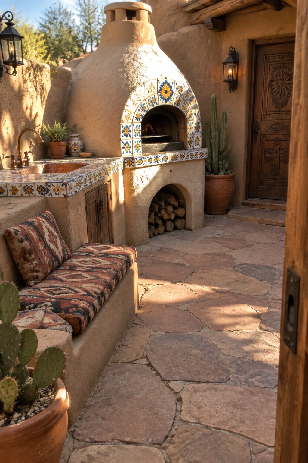 Adobe oven with colorful tiles beside cushioned bench on sunlit stone patio