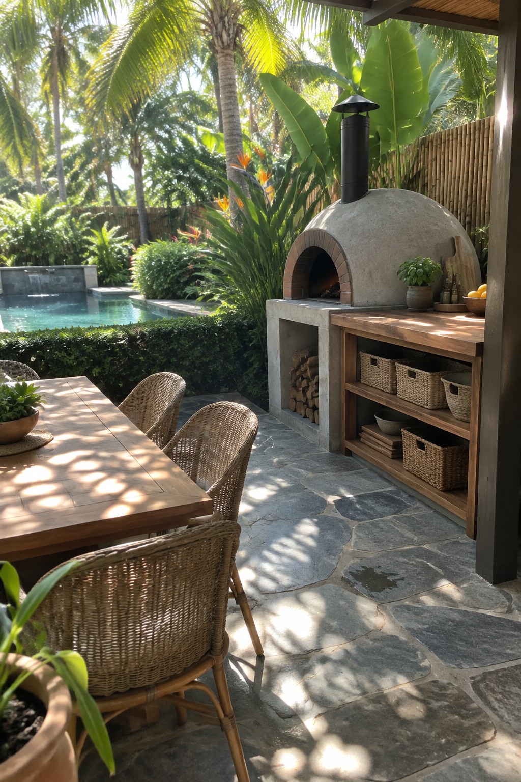 Outdoor patio with wooden table, wicker chairs, stone pizza oven, and pool.
