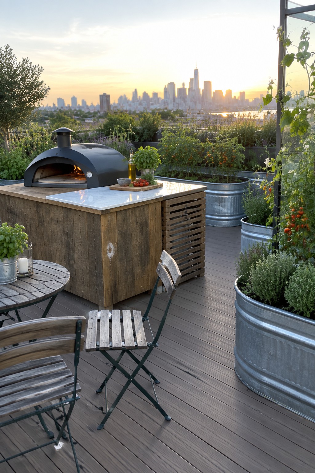 Rooftop deck with black pizza oven, wooden island, chairs, and city skyline at sunset