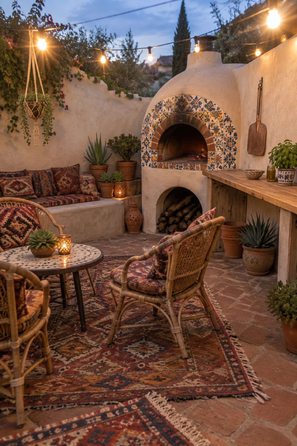 Cozy patio with tiled pizza oven, wicker chairs on rug, string lights at dusk