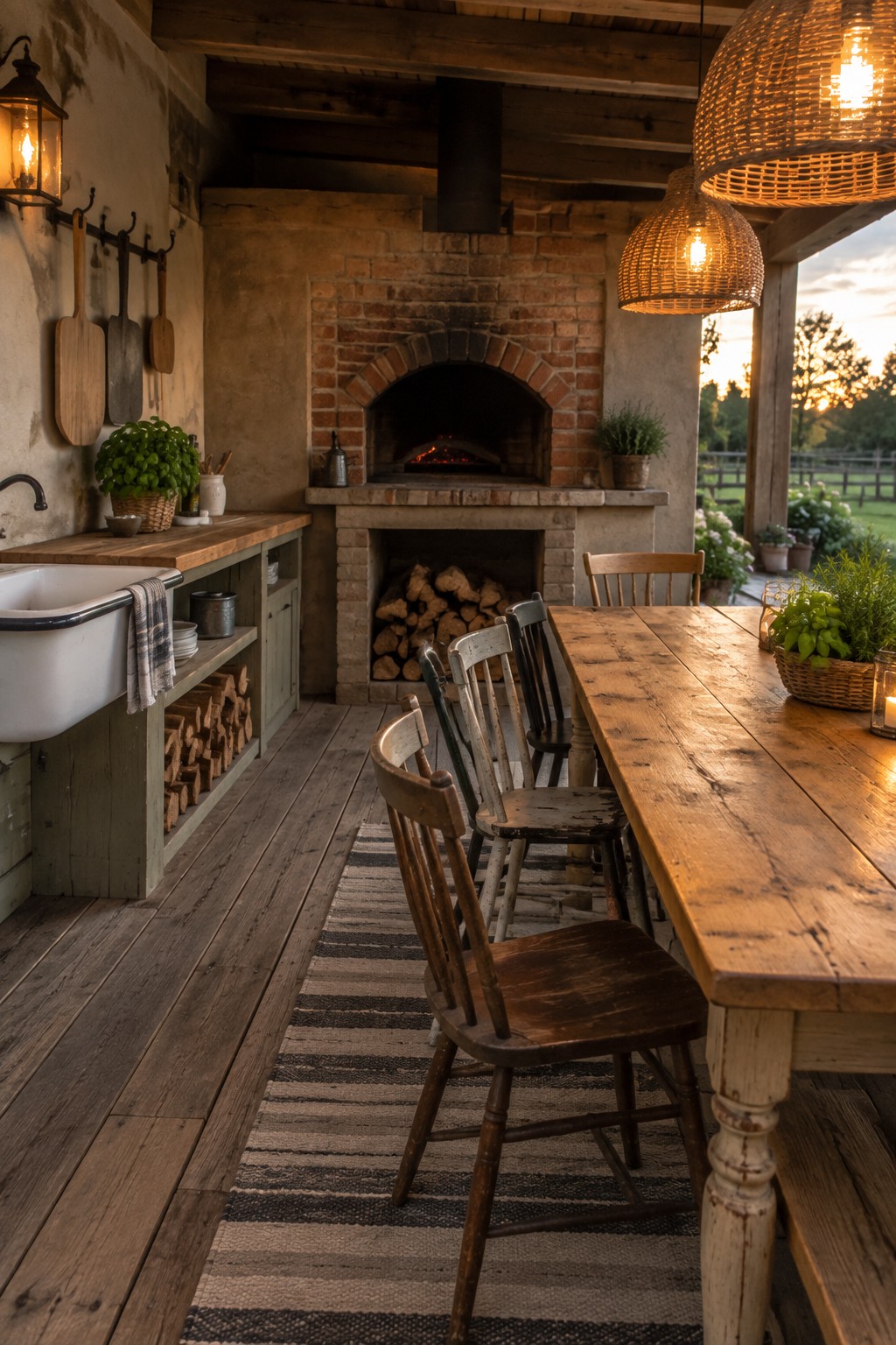 A covered outdoor patio with a large brick pizza oven, a long wooden dining table, mismatched wooden chairs, and a rustic sink and counter area.