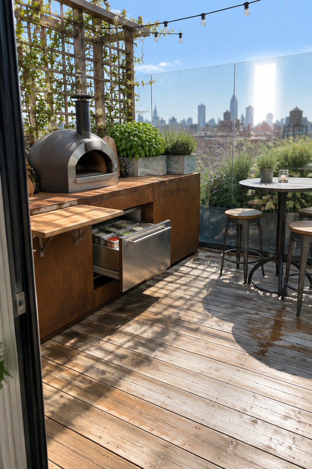 A rooftop patio shows a built-in pizza oven on a wooden counter with stainless steel pull-out drawers containing ingredient containers, bar stools nearby, and a glass railing overlooking a city skyline.