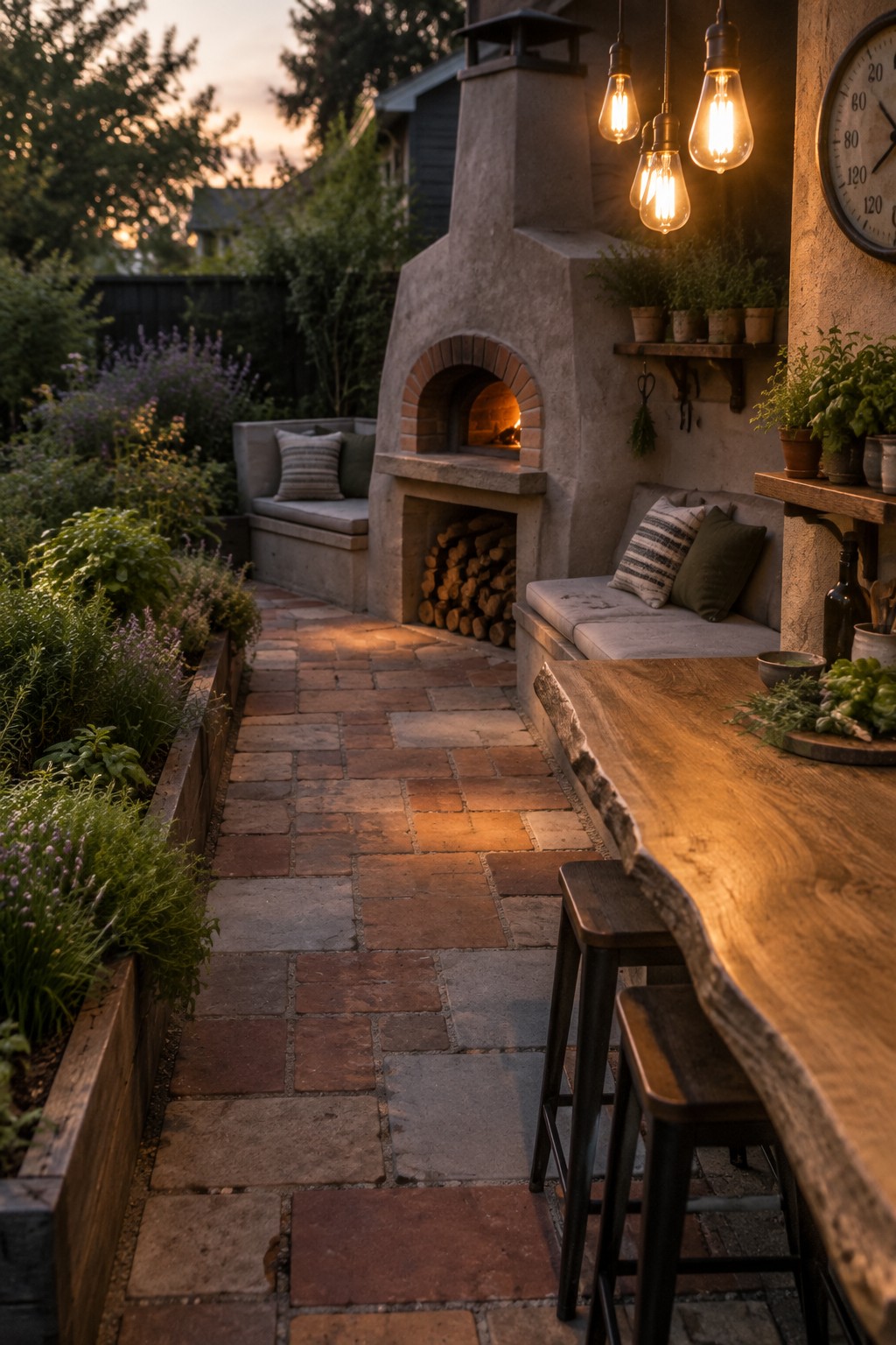 An outdoor patio at dusk with a stone pizza oven, bench seating with pillows, stacked firewood, a wooden table with stools, hanging lights, and plants along a brick path.