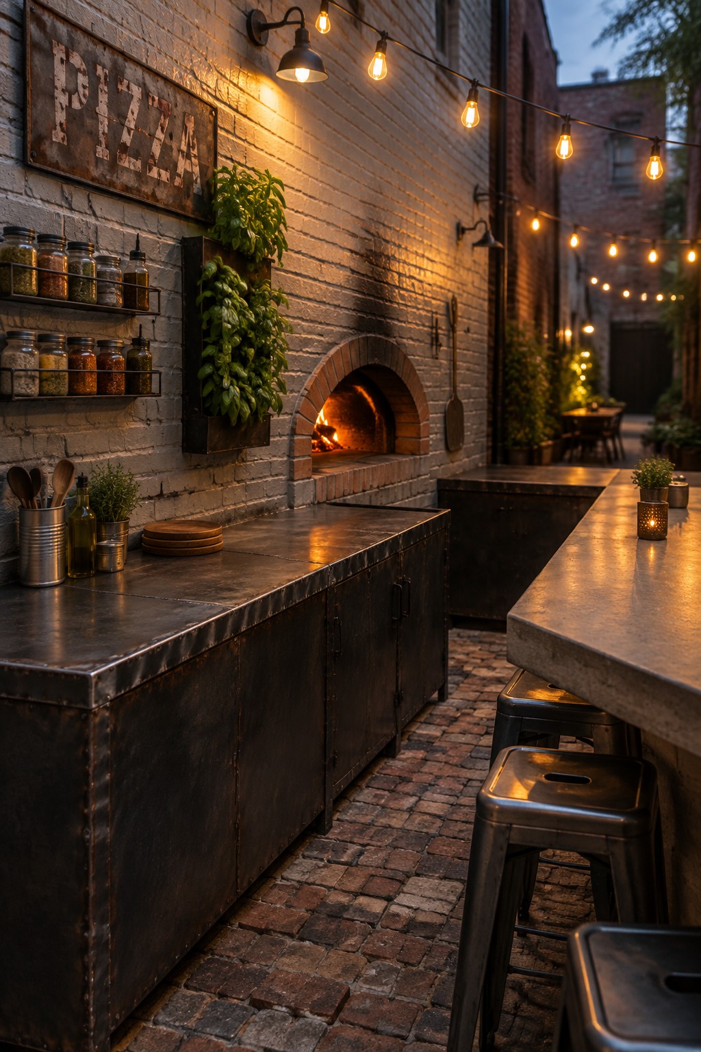 Rustic brick pizza oven in cobblestone alley with string lights and metal counters