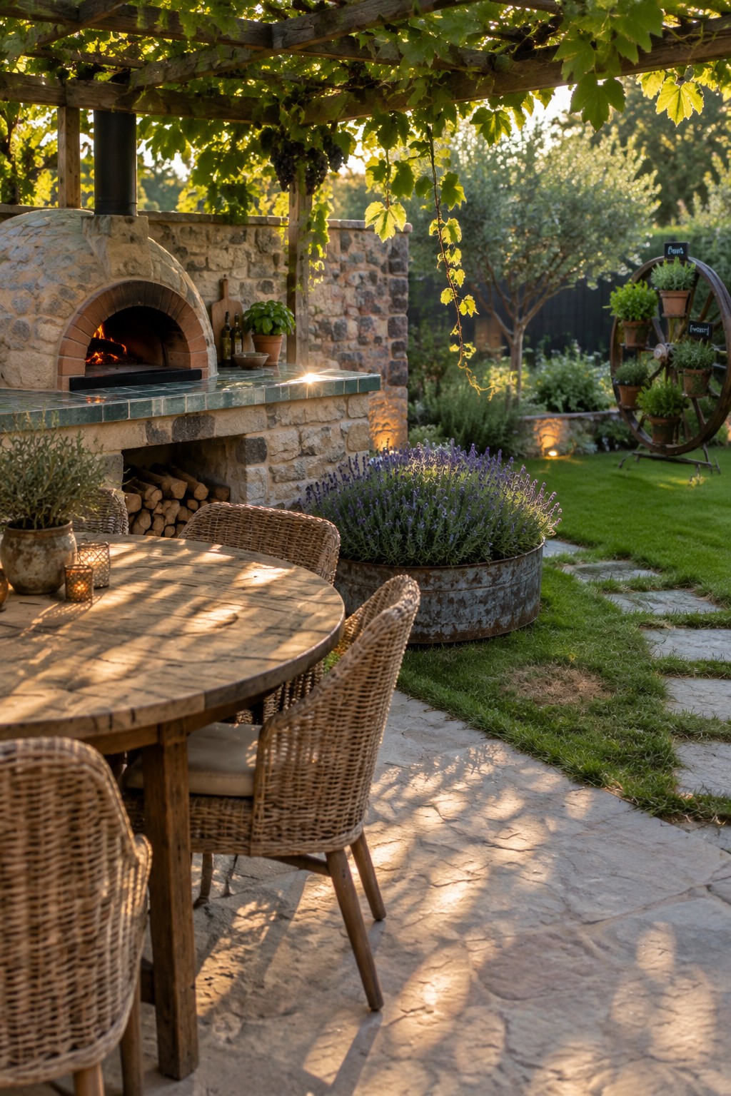 A stone pizza oven with a green tiled counter is built into a wall under a wooden pergola, next to a round wooden table with wicker chairs on a stone patio.