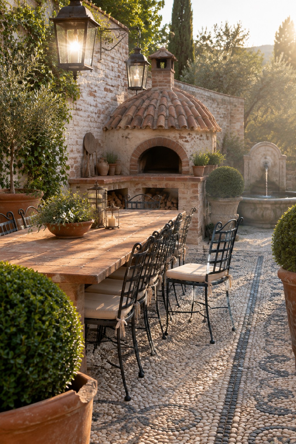 A long wooden dining table with black metal chairs sits on a pebble patio next to a large stone pizza oven with a terracotta tile dome and arched opening.