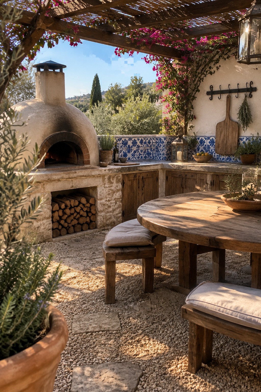 A stone-built outdoor pizza oven set into a patio with a round wooden table, benches, and blue tile accents along the counter.