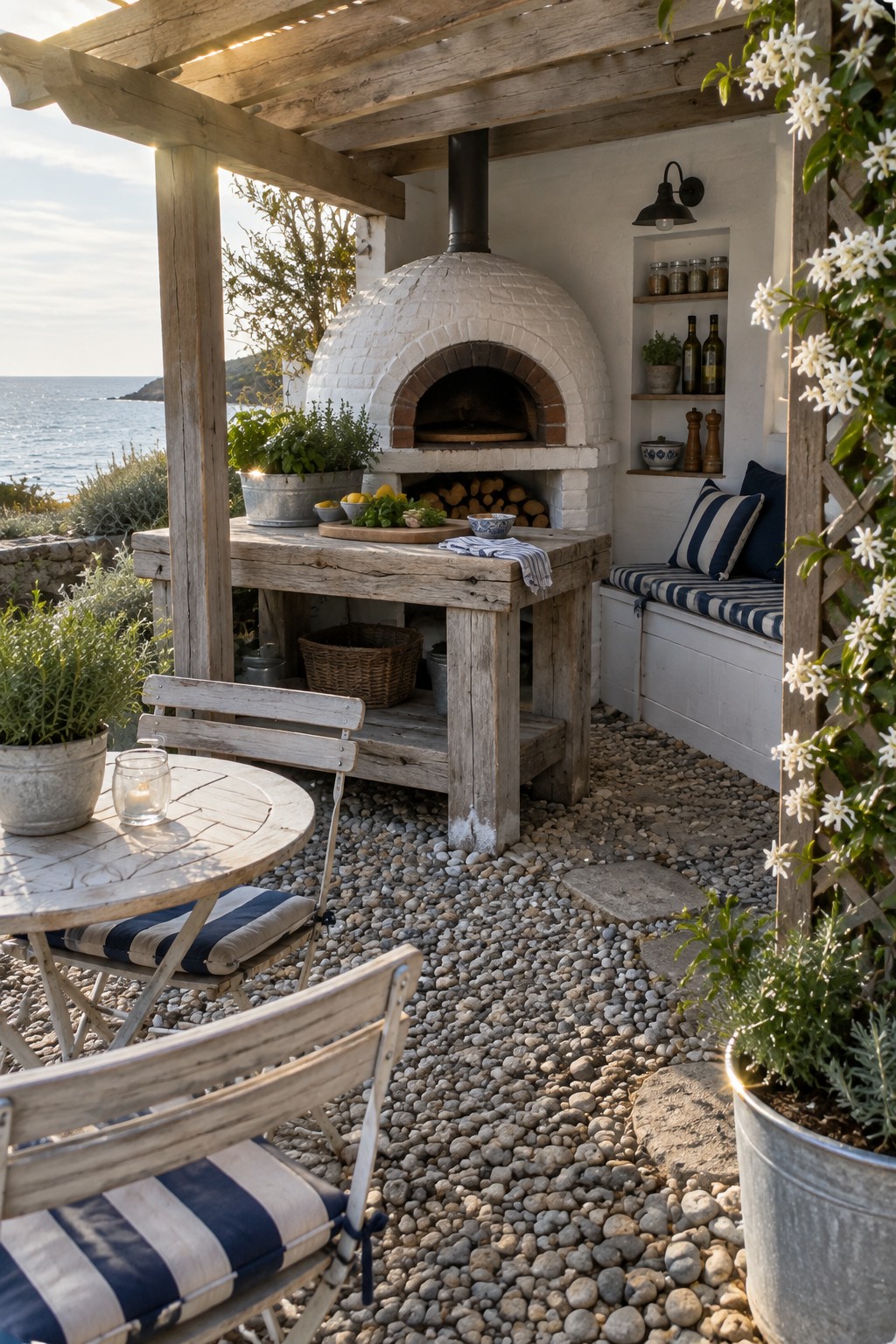 Rustic coastal patio with white brick pizza oven, wooden table, and striped cushions.